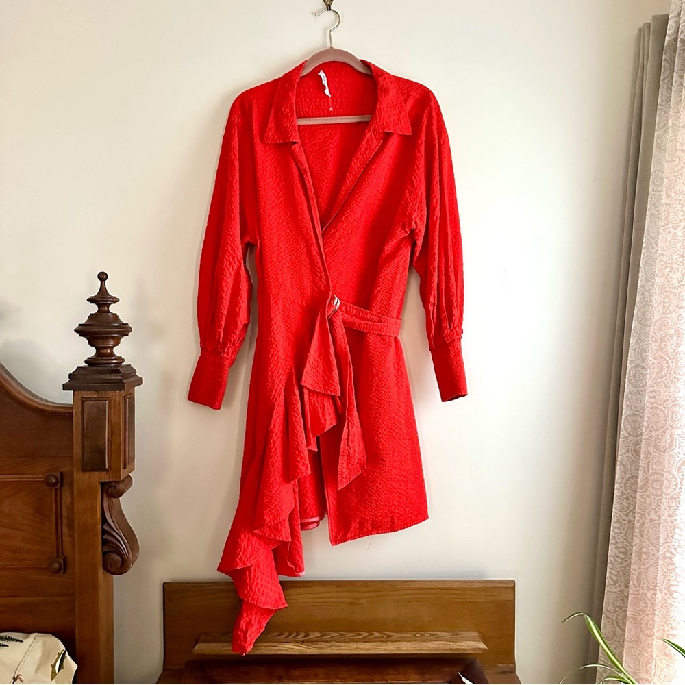 Adeam • Red Wrap Ruffle Dress - Picture 2 of 9